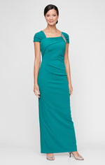 Petite Long Cap Sleeve Crepe Dress With Embellished Asymmetric Neckline