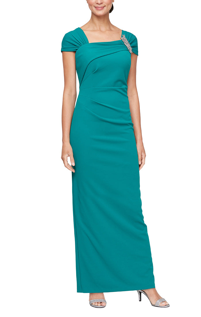 Petite Long Cap Sleeve Crepe Dress With Embellished Asymmetric Neckline