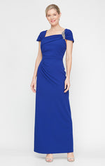 Petite Long Cap Sleeve Crepe Dress With Embellished Asymmetric Neckline