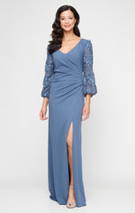 Long Stretch Crepe V-Neck Dress with Soutache Illusion Sleeves and Front Slit