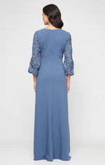 Long Stretch Crepe V-Neck Dress with Soutache Illusion Sleeves and Front Slit