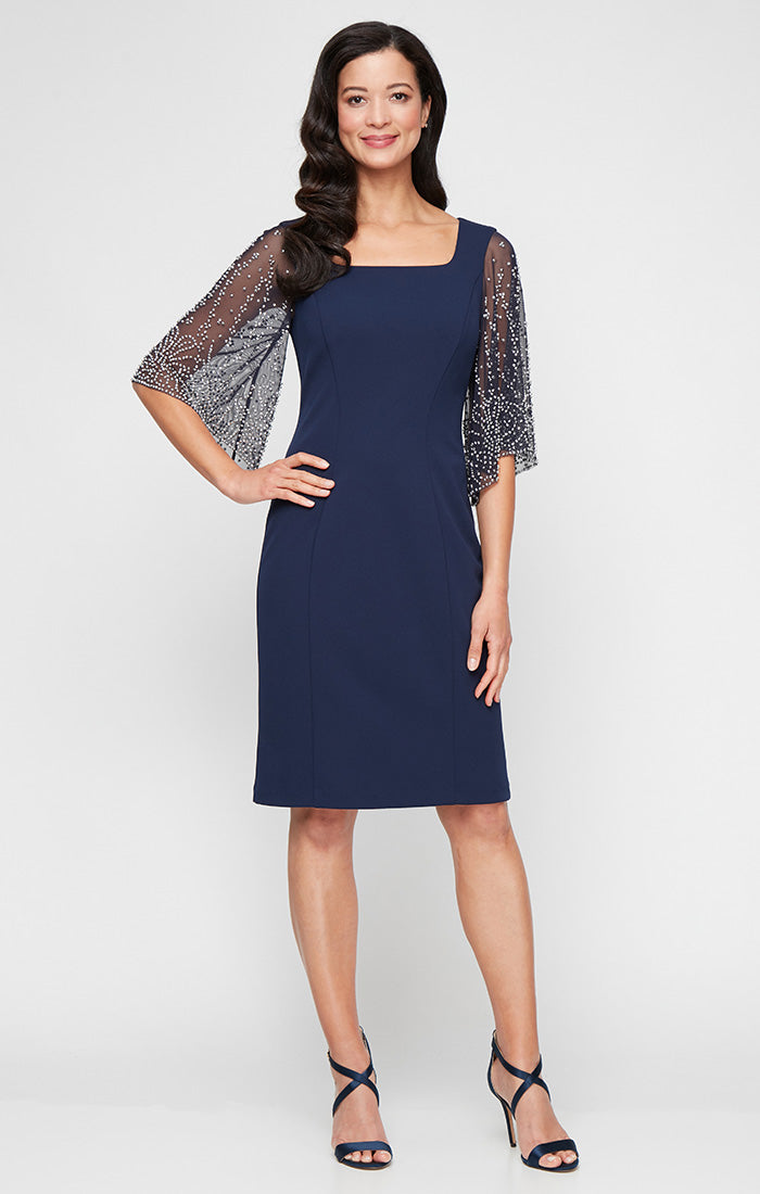 Short Stretch Crepe Sheath Dress with Square Neckline and Heat Set Illusion Sleeves