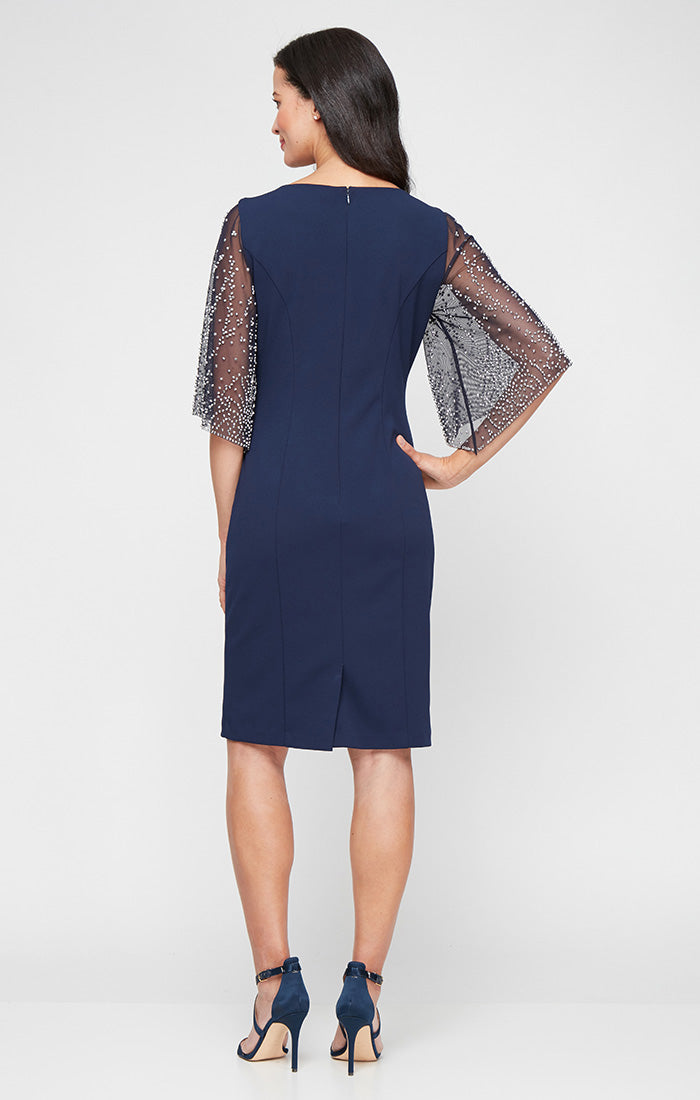 Short Stretch Crepe Sheath Dress with Square Neckline and Heat Set Illusion Sleeves