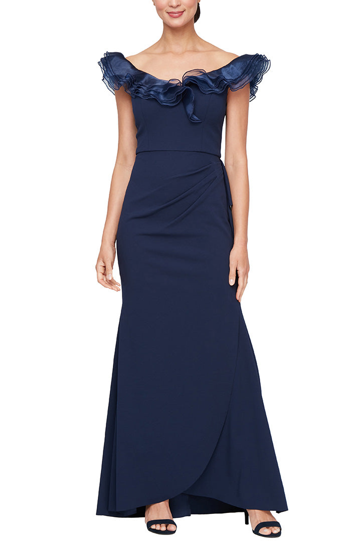 *Long Stretch Crepe Off the Shoulder Dress with Organza Ruffle Neckline