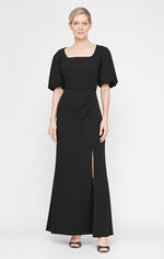 Long Square Neck Stretch Crepe Gown with Short Balloon Sleeves and Front Slit