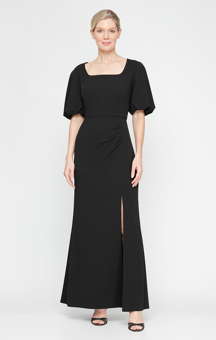 Long Square Neck Stretch Crepe Gown with Short Balloon Sleeves and Front Slit