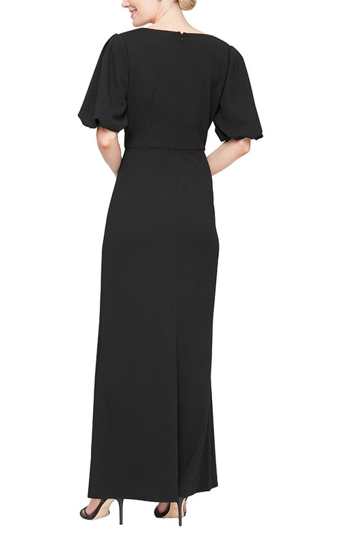 Long Square Neck Stretch Crepe Gown with Short Balloon Sleeves and Front Slit