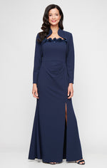 Long Stretch Crepe Bolero Jacket Dress with Flower Neckline Detail and Front Slit