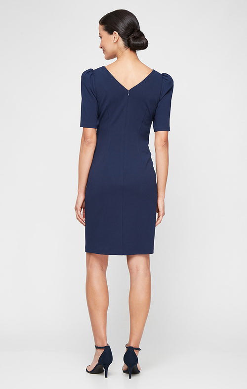 Short Stretch Crepe Sheath Dress with Embellished Neckline with Gather Waist and Puff Shoulder Elbow Sleeves