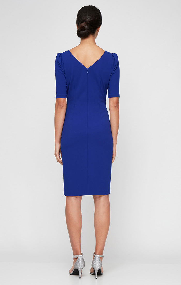 Short Stretch Crepe Sheath Dress with Embellished Neckline with Gather Waist and Puff Shoulder Elbow Sleeves