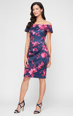 Short Printed Stretch Scuba Crepe Sheath Dress with Embellished Detail at Hip and Cascade Detail Skirt