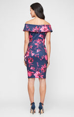 Short Printed Stretch Scuba Crepe Sheath Dress with Embellished Detail at Hip and Cascade Detail Skirt