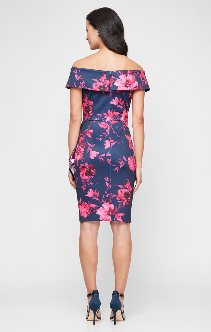 Short Printed Stretch Scuba Crepe Sheath Dress with Embellished Detail at Hip and Cascade Detail Skirt