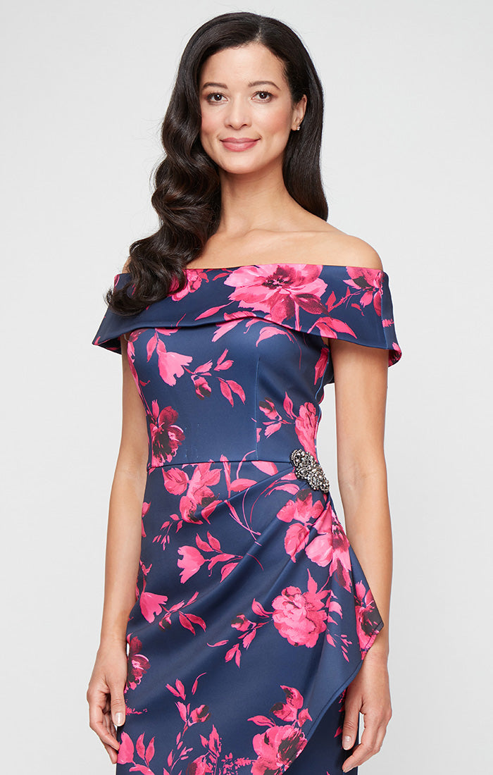 Short Printed Stretch Scuba Crepe Sheath Dress with Embellished Detail at Hip and Cascade Detail Skirt