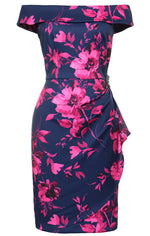 Plus Short Printed Stretch Scuba Crepe Sheath Dress with Embellished Detail at Hip and Cascade Detail Skirt