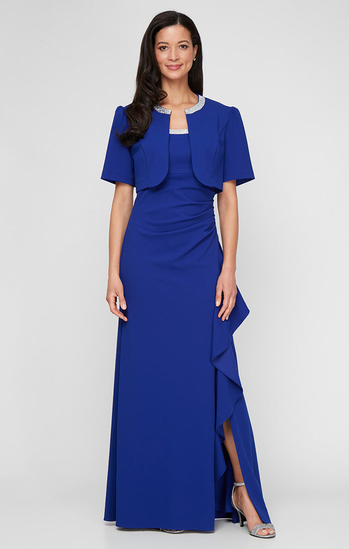 Regular - Stretch Crepe Bolero Jacket Dress with Embellished Square Neckline & Jacket and Cascade Ruffle Detail Skirt