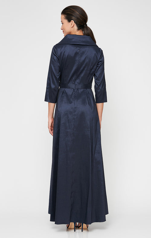 Portrait Collar Stretch Taffeta Dress with High Low Hem and Tie Belt