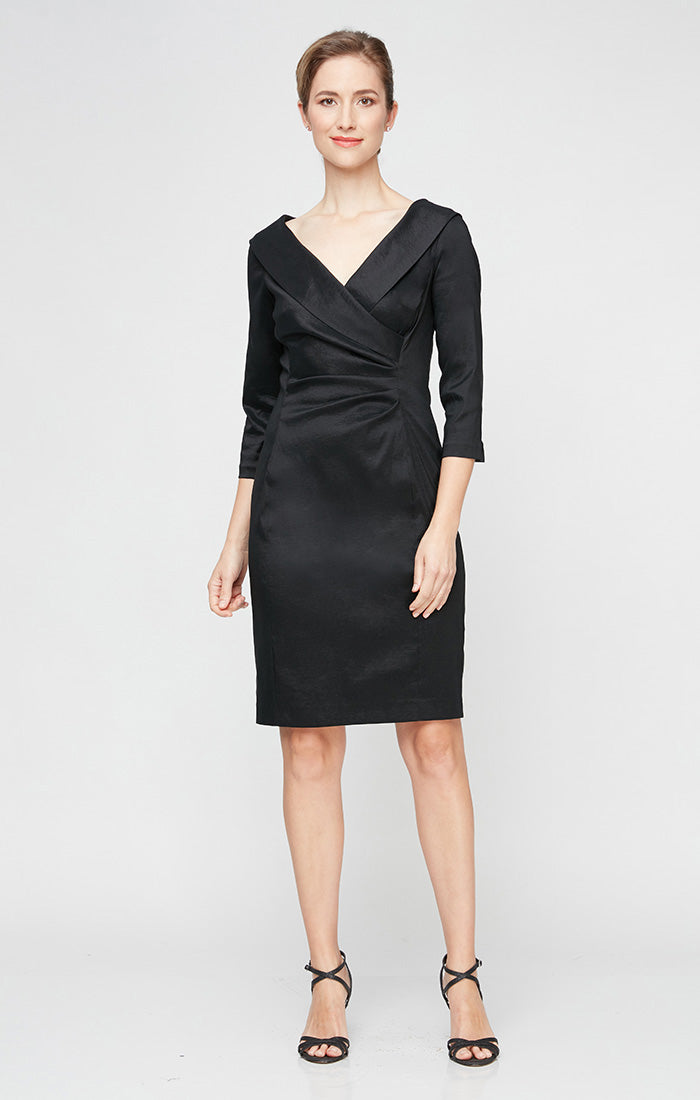 Short Sheath Stretch Taffeta Cocktail Dress with Portrait Collar and Ruched Waist Detail