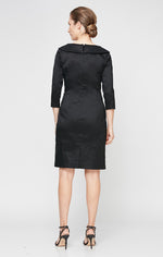 Short Sheath Stretch Taffeta Cocktail Dress with Portrait Collar and Ruched Waist Detail