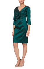 Short Sheath Dress With Portrait Collar, 3/4 Sleeves and Ruched Waist Detail