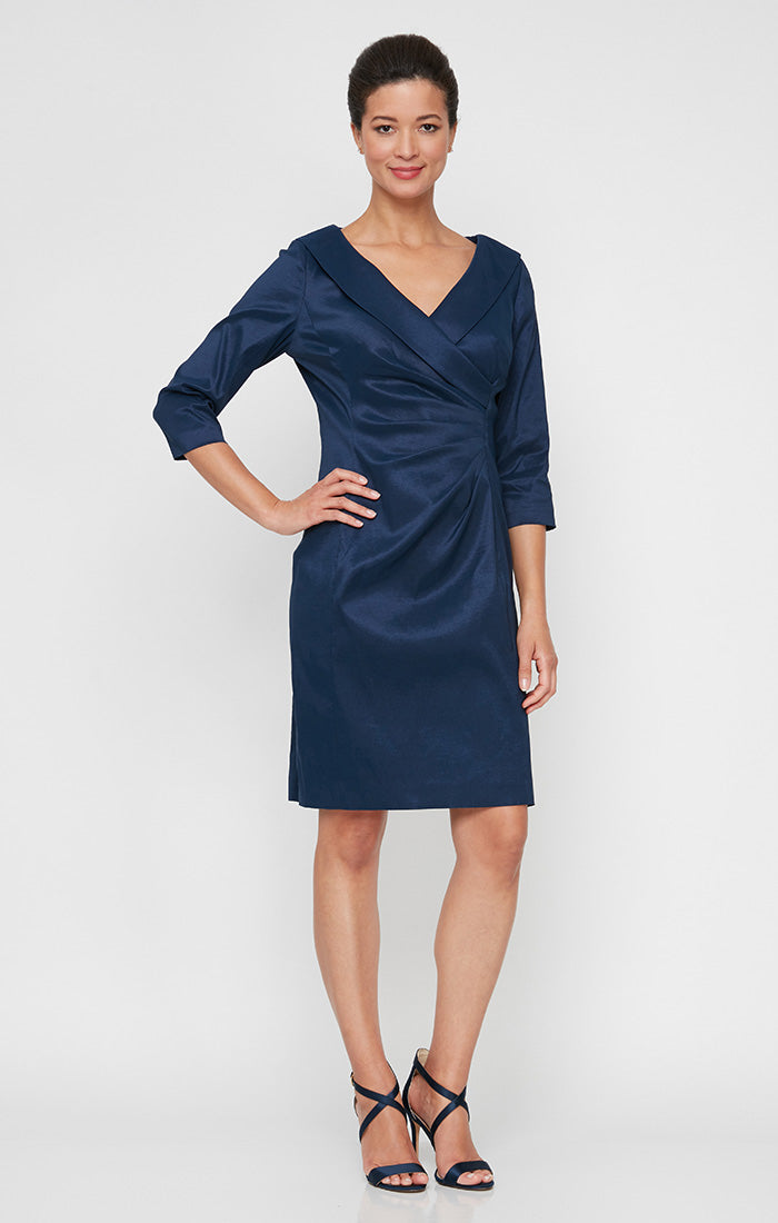 Short Sheath Stretch Taffeta Cocktail Dress with Portrait Collar and Ruched Waist Detail