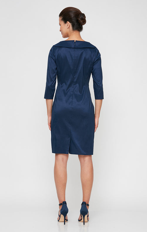 Short Sheath Stretch Taffeta Cocktail Dress with Portrait Collar and Ruched Waist Detail