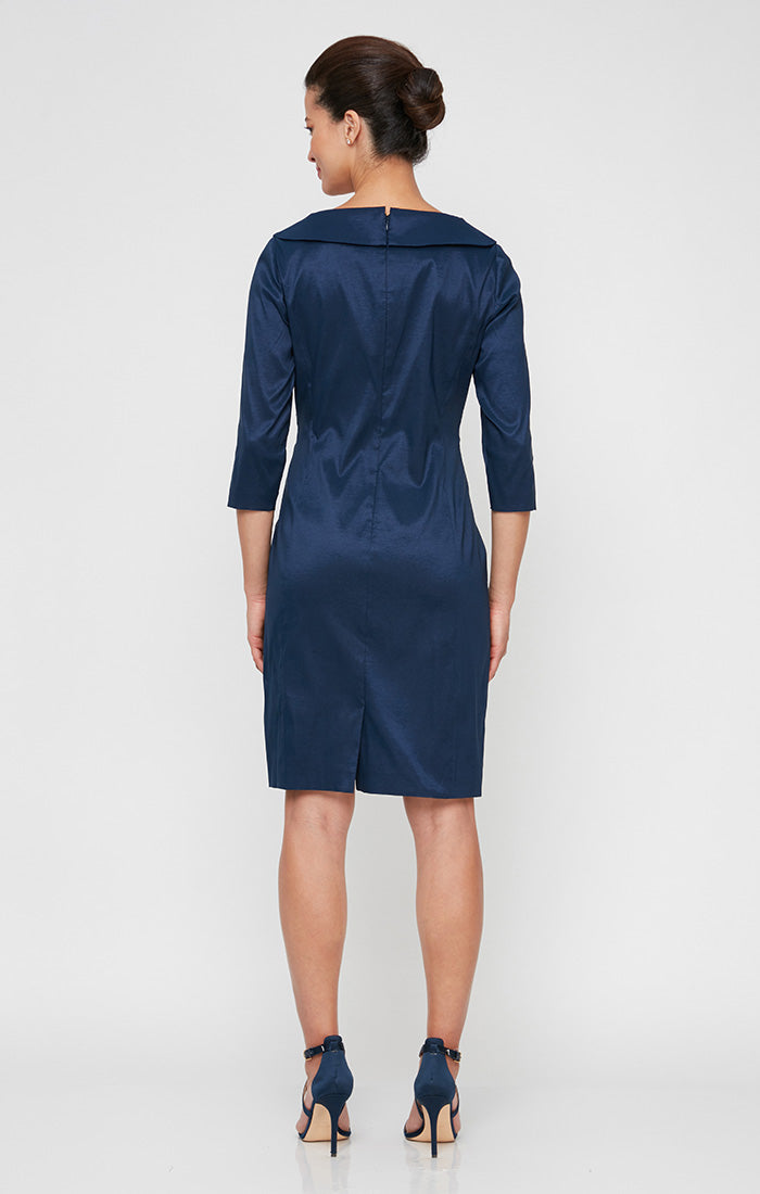 Short Sheath Stretch Taffeta Cocktail Dress with Portrait Collar and Ruched Waist Detail