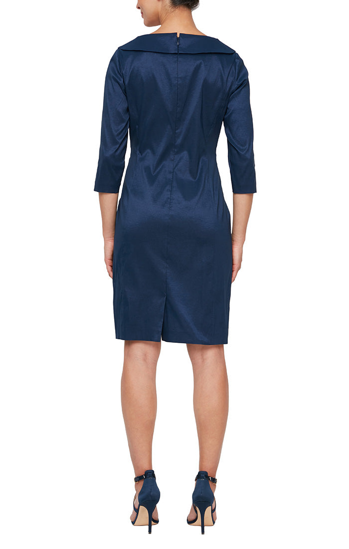 Short Sheath Dress With Portrait Collar, 3/4 Sleeves and Ruched Waist Detail