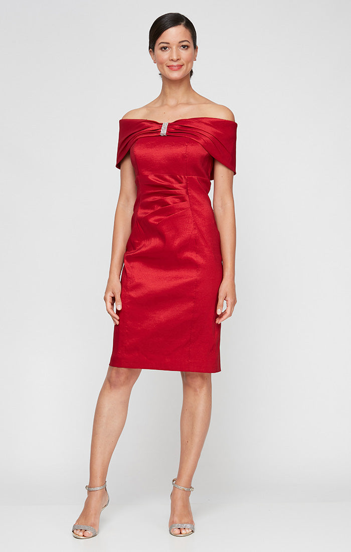 Petite - Off-the-Shoulder Sheath Stretch Taffeta Cocktail Dress with Embellished Neckline