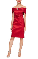 Petite Short Off-the-Shoulder Sheath Stretch Taffeta Cocktail Dress with Embellished Neckline