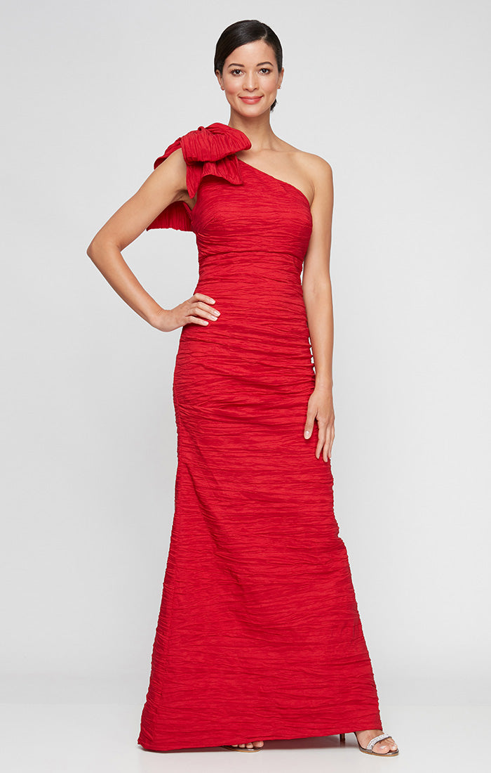 One-Shoulder Stretch Taffeta Gown with Bow Shoulder Detail