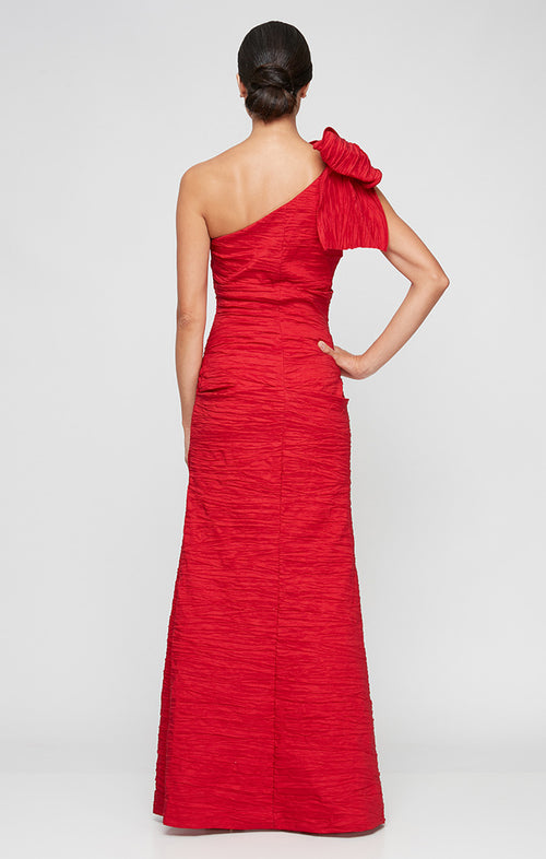 One-Shoulder Stretch Taffeta Gown with Bow Shoulder Detail