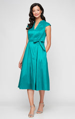 Petite Short V-Neck Stretch Taffeta Dress with A-Line Skirt and Tie Waist Detail