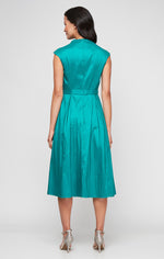 Petite Short V-Neck Stretch Taffeta Dress with A-Line Skirt and Tie Waist Detail