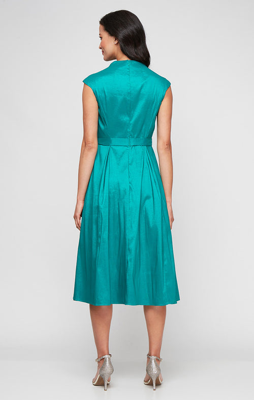 Petite Short V-Neck Stretch Taffeta Dress with A-Line Skirt and Tie Waist Detail