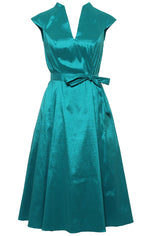 Plus Short V-Neck Stretch Taffeta Dress with A-Line Skirt and Tie Waist Detail