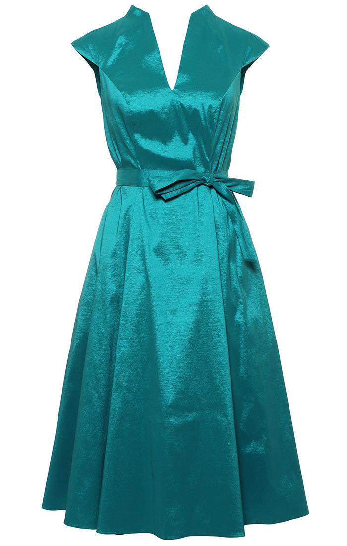 Plus Short V-Neck Stretch Taffeta Dress with A-Line Skirt and Tie Waist Detail