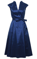 Short V-Neck Stretch Taffeta Dress with A-Line Skirt and Tie Waist Detail