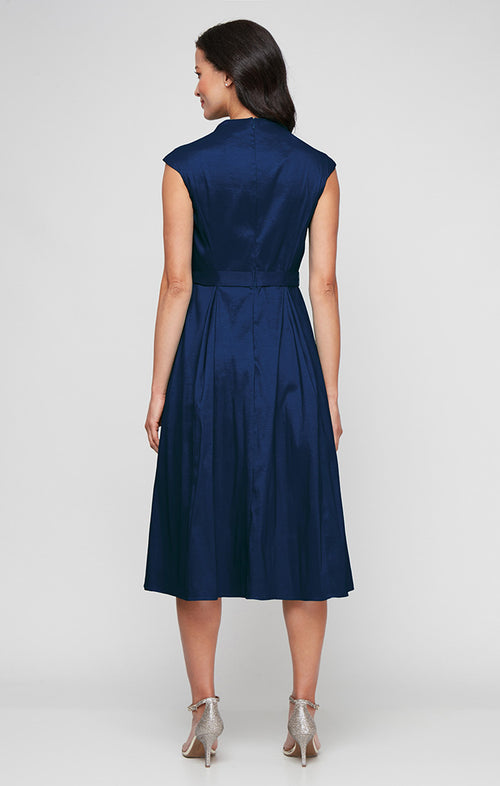 Stretch Taffeta Party Dress with A-Line Skirt & Tie Waist Detail