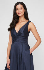 Long Colorblock Stretch Taffeta Sleeveless Dress with V-Neckline