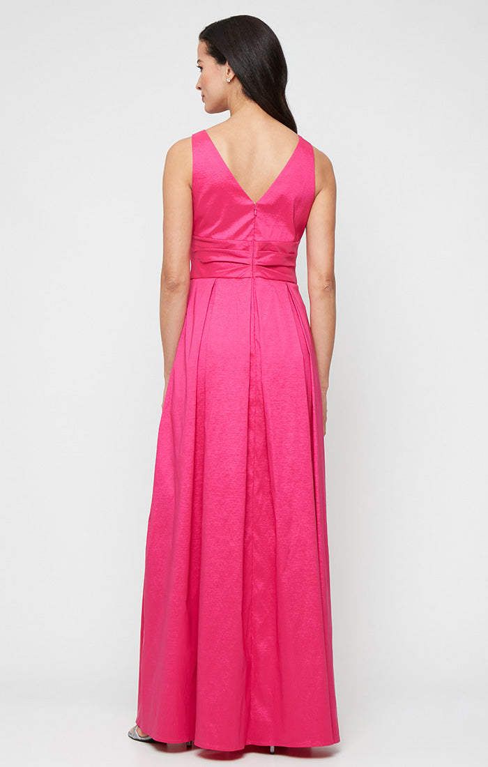 Long Stretch Taffeta Sleeveless Dress with V-Neckline