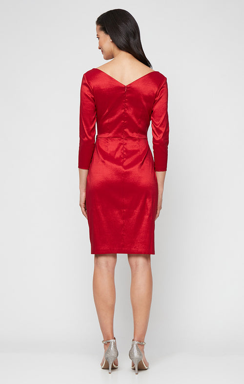 Regular - Short Stretch Taffeta Sheath Dress with Surplice Neckline, Cascade Skirt and Embellishment Detail at Hip