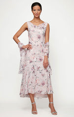 Tea-Length Cowl Neck Printed Chiffon Dress with High/Low Skirt and Shawl