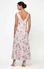 Tea-Length Cowl Neck Printed Chiffon Dress with High/Low Skirt and Shawl