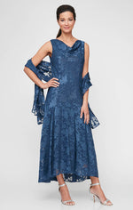 Regular - Chiffon Tea-Length Dress with Cowl Neck Detail and Matching Shawl