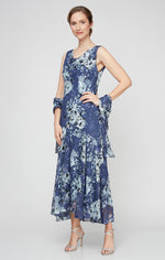 Cowl Neck Floral Chiffon Dress with High/Low Skirt and Matching Shawl