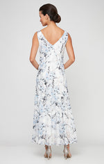 Floral Chiffon Sleeveless Dress with Cowl Neckline and Shawl