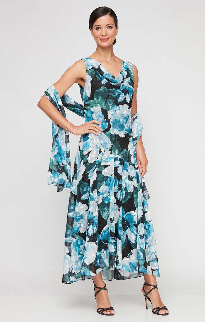 Tea-Length Printed Chiffon Sleeveless Dress with Shawl