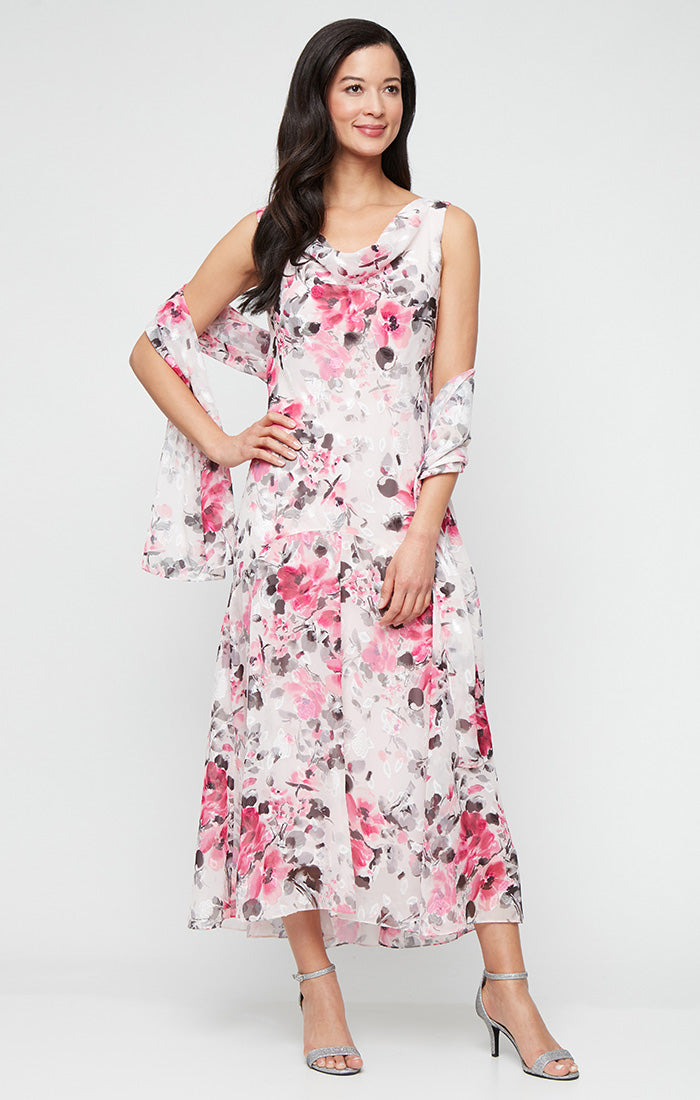 Regular - Tea-Length Floral Chiffon Cowl Neck Dress with High/Low Skirt and Shawl
