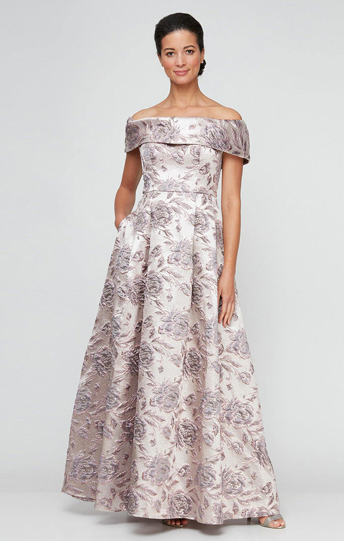 Floral Metallic Brocade Off-the-Shoulder Ballgown with Pockets